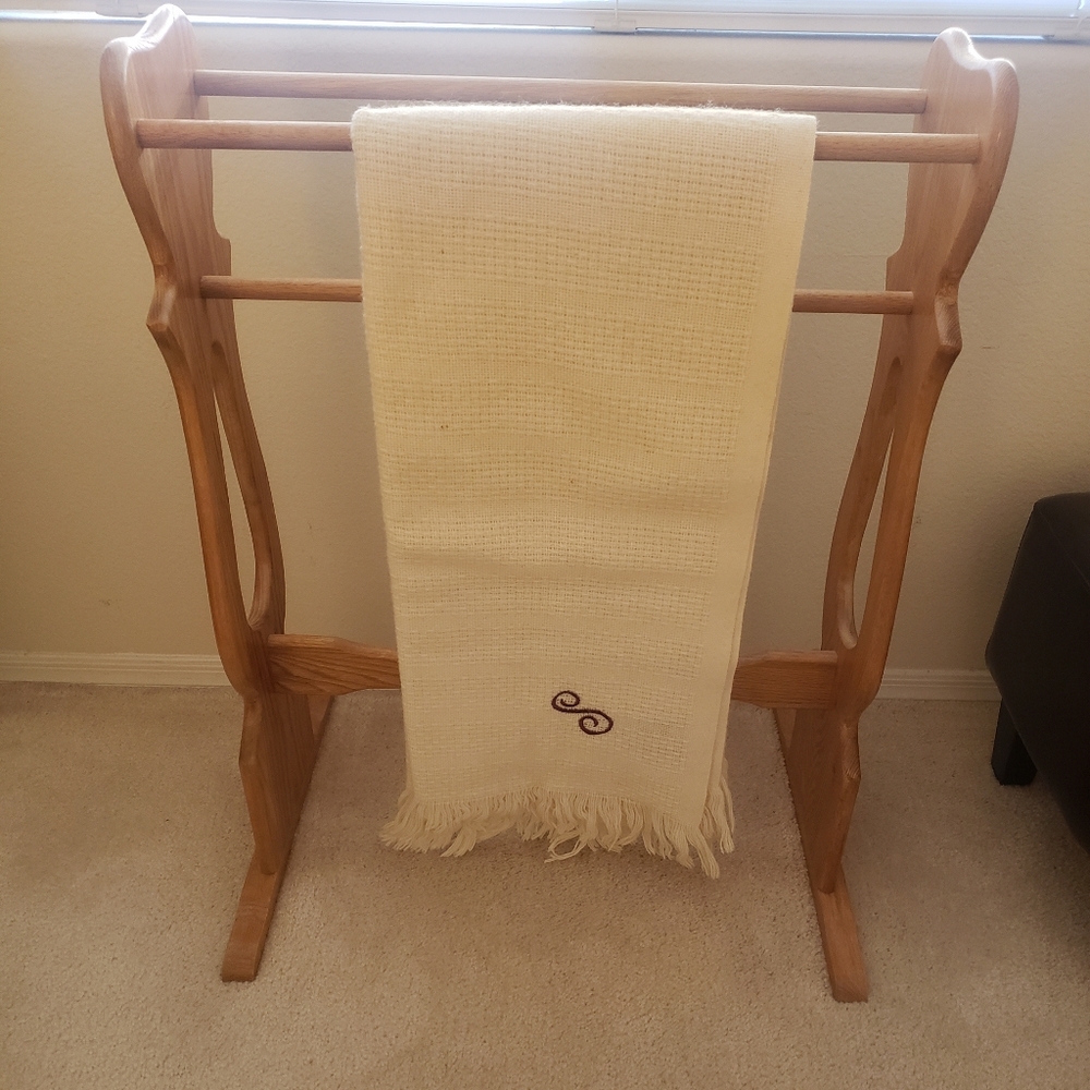 Vintage Faribo Crocheted Monogrammed "S" Wool Blend Cream Fringed Afghan Blanket